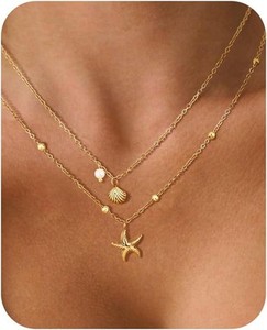 Authentic Shell Necklace for Women,14k Gold Plated Layered Starfish Conch SeaShell Pearl P