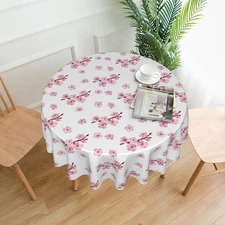 Spring Pink Floral Tablecloth Round 60 Inch Japanese Cherry Table Cloth, Vint...