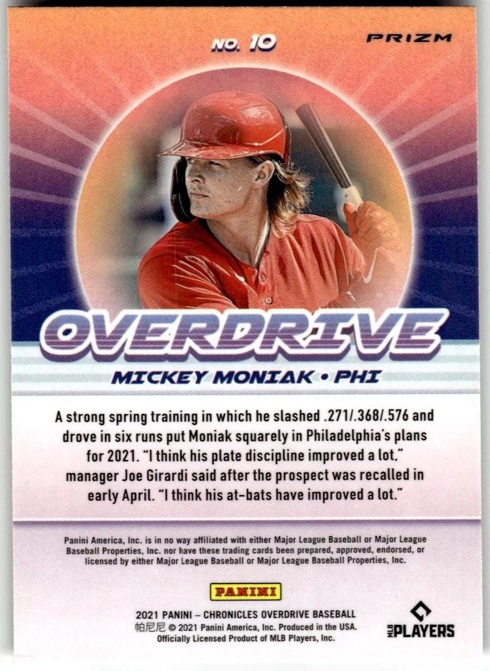 2021 Panini Chronicles #10 Mickey Moniak Overdrive Purple Velocity - Image 2 of 2