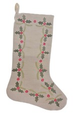 19” Christmas Stocking Beige Jute with Embroidered Holly Berry & Leaves