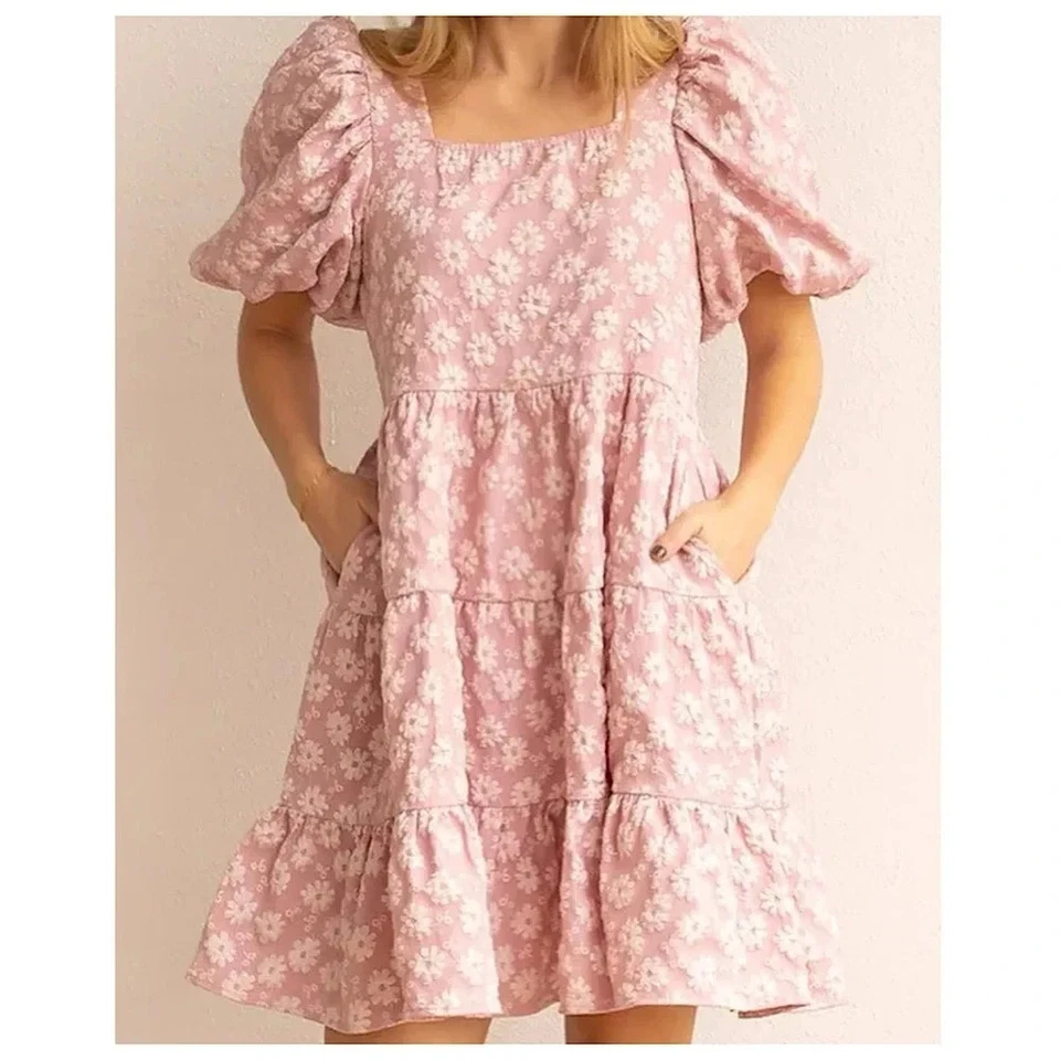 Grace Emma Floral Jacquard Tiered Dress Womens Sz L Pink Short Puff Sleeves - Photo 1/1