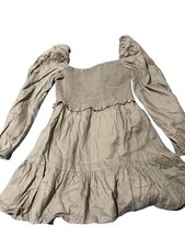 Quince Linen Long Sleeve Smocked Mini Dress Size L Sage Green