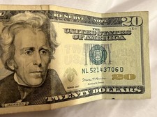 2017 $20 Federal Reserve Note NL52143706D, Circulated, Broken Ladder rare bill