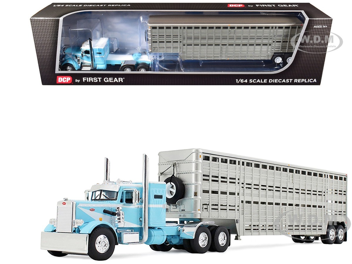 PETERBILT 351 W/SLEEPER & LIVESTOCK TRAILER LIGHT BLUE 1/64 FIRST