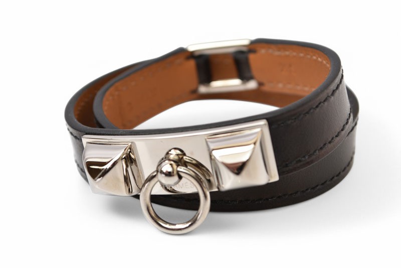 Hermes Bangle Bracelet HERMES Rival Double Tour Black Silver XS Size