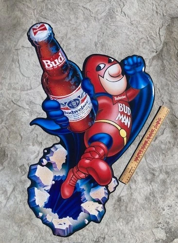 🔥 VINTAGE Budweiser Bud Man Metal Tin Sign Beer Bar Mancave