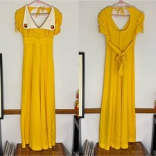 Vintage cottagecore yellow maxi dress with embroidered daisies on collar