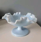 Vintage Fenton Pedestal Dish Candy Pale Light Blue Milk Glass Ruffled Edges