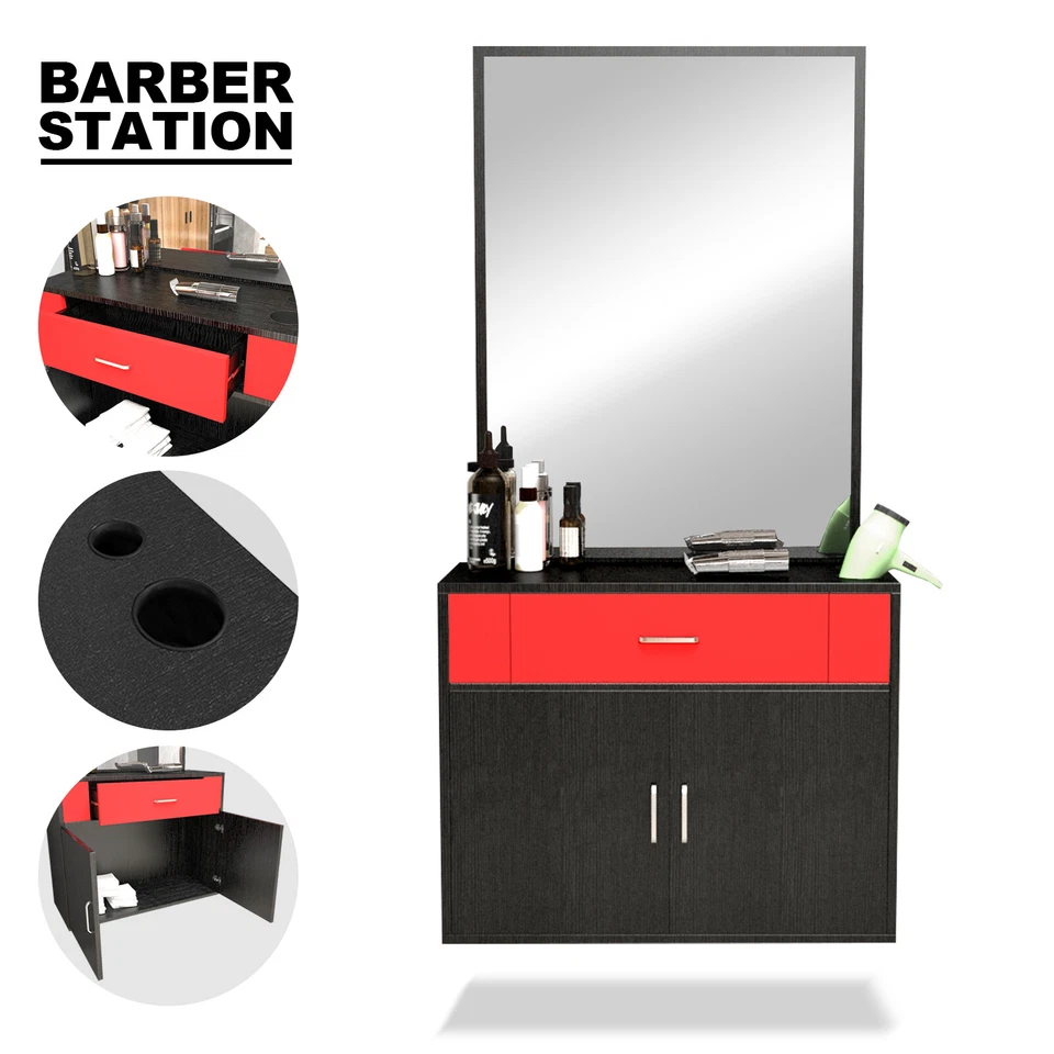 Espejo de belleza, cajón, gabinete montado en la pared negro + rojo Foto 2 de 4