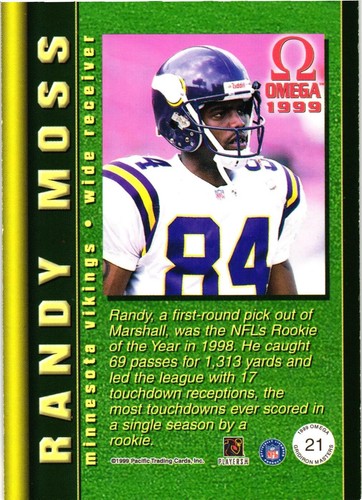 1999 Pacific Omega Gridiron Masters #21 Randy Moss - Picture 2 of 2