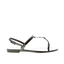 SAINT LAURENT women's shoes Cassandra black patent rhinestone flat flip flops