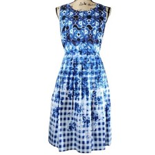 Talbots Womens Petite Fit & Flare Pleated A Line Dress Blue Size 6P