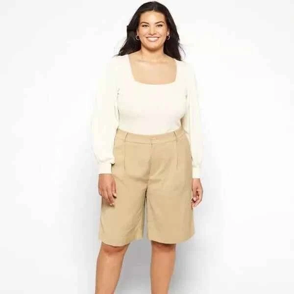 Ralph Lauren Mujer Bermudas Plisadas Delanteras - Talla Grande 20W - Tostado