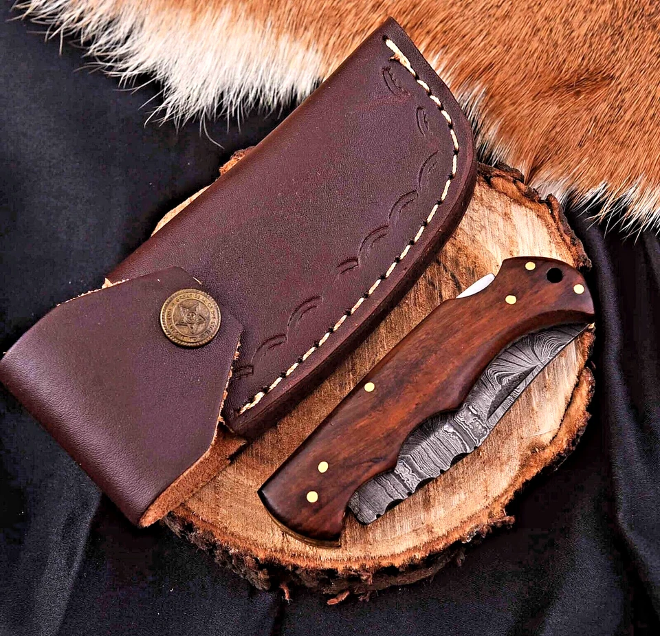 CUSTOM HAND MADE FORGED DAMASCUS STEEL FOLDING POCKET KNIFE Wood Handle 1296 - Image 4 of 4