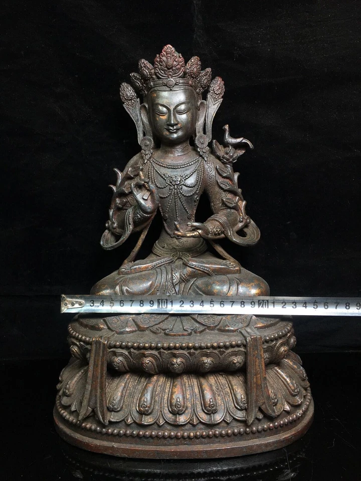 15.2" Tibetano Budismo Puro Cobre Doble Roseta Blanca Tara Buda Estatua Foto 4 de 4