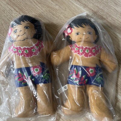 2- 1970s HAWAIIAN Huggables HULA DANCER Cloth Doll C&H SUGAR Co. PROMO Give Away