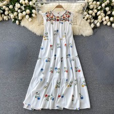 Lady Boho Midi Dress Sleeveless Ruffle Hippie Ethnic Embroidery Floral Beach