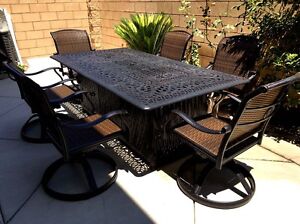 Fire pit dining propane table set 7 piece outdoor cast ...