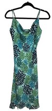 Y2K Vtg Express Fairy Midi Slip Dress Size 3/4 Blue Green Print Cowl Neck Slits 