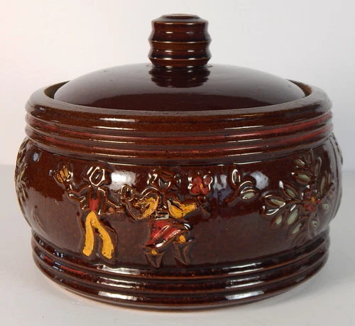 Vintage 1940s Red Wing Pottery Dancing Peasants Brown Covered Crock