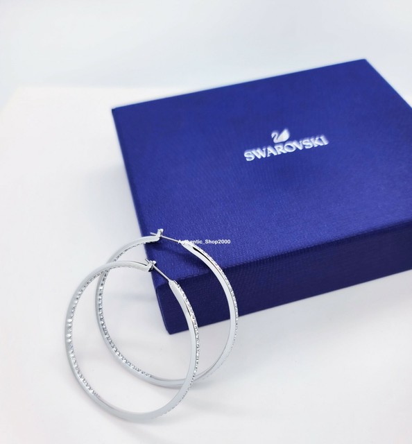 New Authentic SWAROVSKI Rhodium White Crystal Large Rare Hoop Earrings