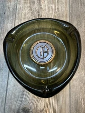 Vintage Cigar Ashtray Heavy Green Glass Ashtray With Copper "O” Monogram 8”