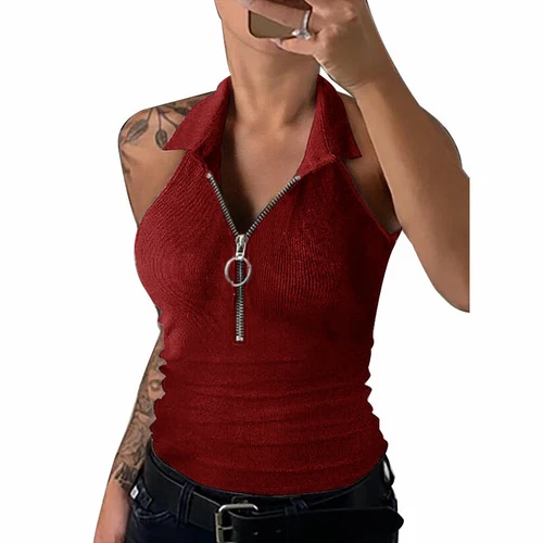 Women Summer Zipper V Neck Cami Vest Ladies Summer Blouse Tank Top T Shirt  - Imagen 7 de 19