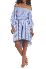 ELIZA J Blue Ivory Stripe Off Shoulder Smocked Waist Tie Asymmetric Dress 2 = XS