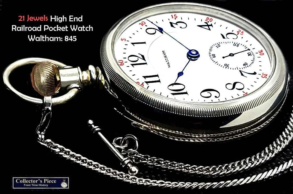 21 Jewels  18 Size High End Display Case RR Pocket Watch Waltham 845. Working - Image 2 of 4