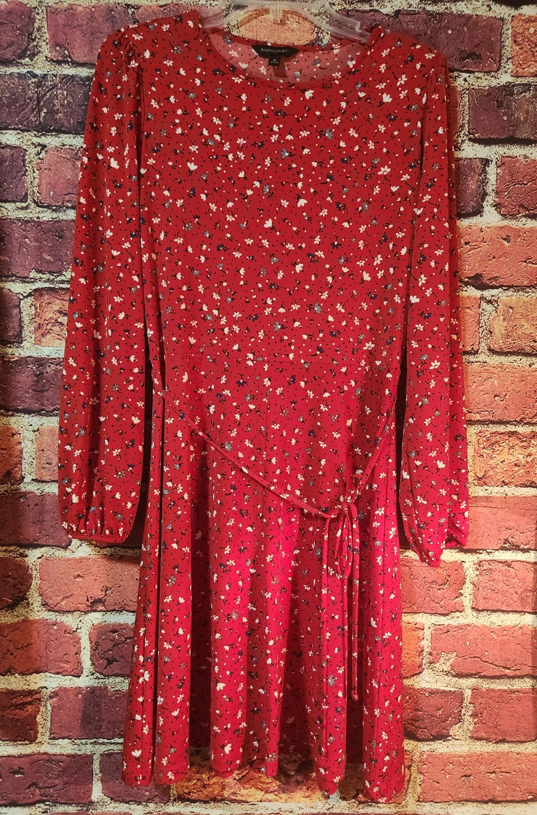 Banana Republic Red Black Animal Leopard Print Ruffle Dress Long Sleeves Size M