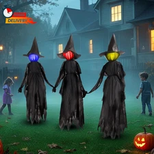 DR.DUDU 6 Ft Light up Witch Stakes Halloween Yard Decorations, Set of 3 Scary Wi