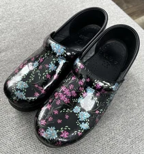 Dansko Womens Shoes Black Patent Leather Clogs Floral Slip On Nursing Size 39