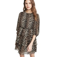 Ganni Pleated Georgette Ruffle Dress, Leopard Size 40(8)