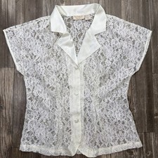 Vintage 90s Victoria's Secret Lace Top Women M Ivory Gold Label Sheer Button Up