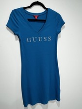 GUESS Blue Knit Short Sleeve V-Neck Rhinestone Logo Bodycon Short Dress M