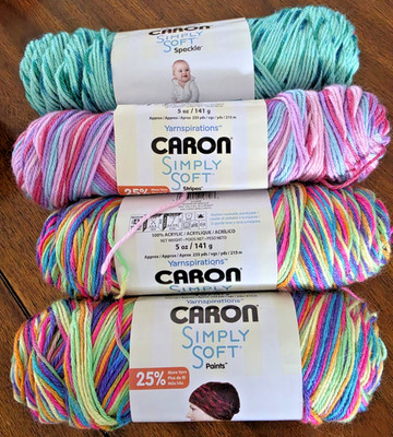 Caron Simply Soft Yarn Used LOT OF 4 Paints Stripes Speckle RAINBOW RIVIERA