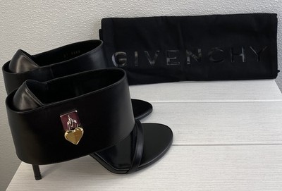 Givenchy Shark Lock Sandals Women's Size US6 EU36 Black Calfskin Leather Heart