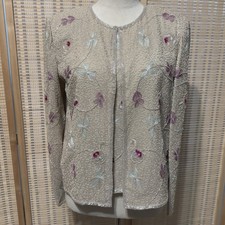 Adriana Papell Evenings Set Sz 10 M Jacket Tank Beaded Embroidery Beige Silk