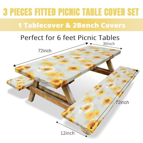 3 Pcs Vinyl Picnic Table and Bench Fitted Tablecloth Cover Set 6 Ft 30 x 72 - Picture 3 of 7