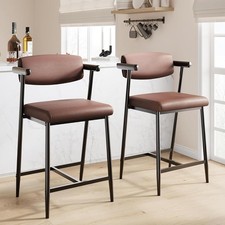 Set of 2 Upholstered Leather Chair Counter Height Bar Stools Set With Footrest