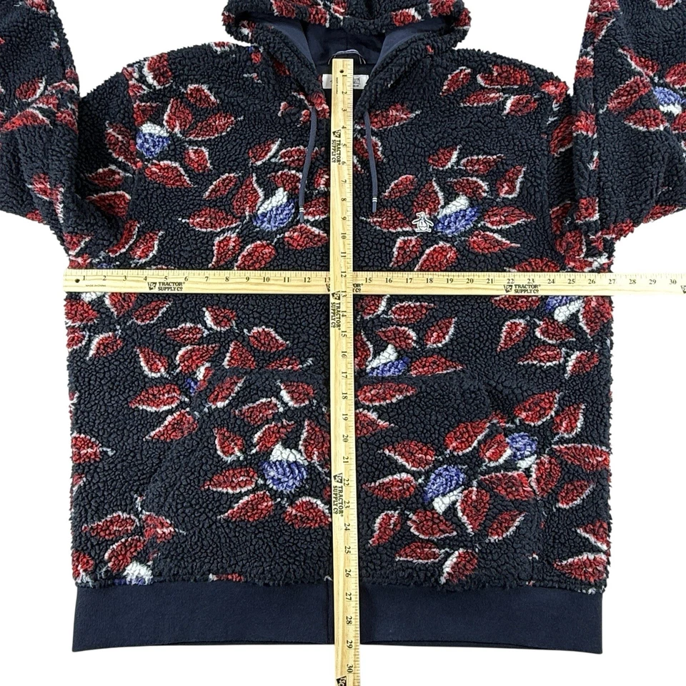 Original Penguin Sherpa Fleece Hoodie Mens XL Blue Red White Leaves Lined Zipper - Image 4 of 4