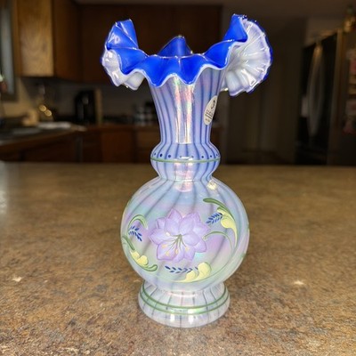 Fenton Blue Harmony 1999 Messenger Exclusive Hand Painted Vase #4159