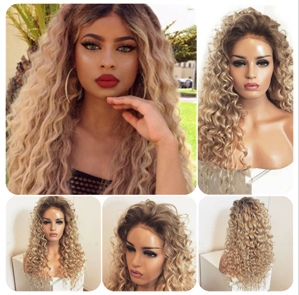 Long Glueless Synthetic Lace Front Wig Blonde Brown Black Root