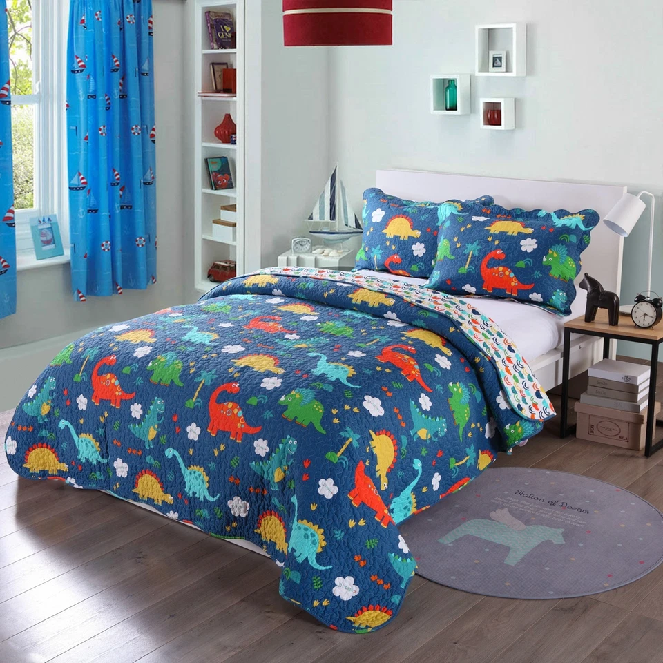 100% Cotton Kids Quilt Bedspread Comforter Set Throw Blanket for Boys Dinosaur - Image 2 of 4