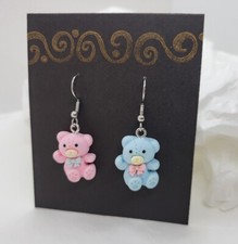 Pink Blue Teddy Bear Charm Earrings With Stainless Steel Hooks