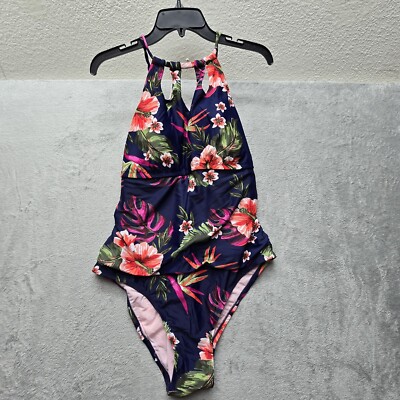 Kona Sol Bathing Swimsuit Plus 20W One Piece Blue Floral Cut Out Lined New