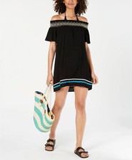 NWT Miken Swimsuit Cover Up Dress Off Shoulder Embroided Black Size XS