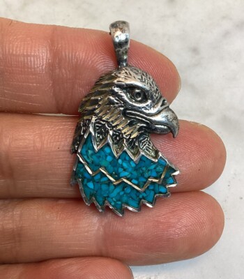 Vintage Navajo Sterling Silver Inlay Turquoise Eagle Head Pendant 