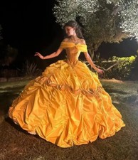 Off-shoulder Princess Quinceanera Dresses Gold Satin Victorian Cosplay