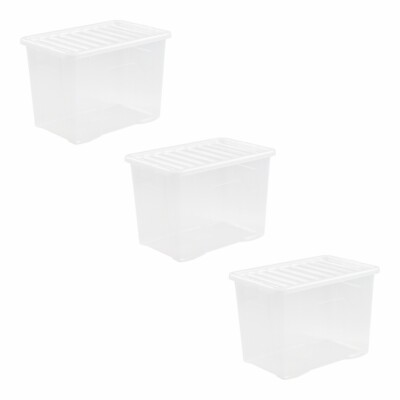 [3er Set] 80 Liter Stapelbare Aufbewahrungsbox mit Deckel Klar Kunststoff - Hergestellt in UK
